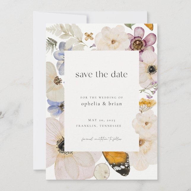 Convite Boho Pressed Dried Flower Save the Date  (Frente)