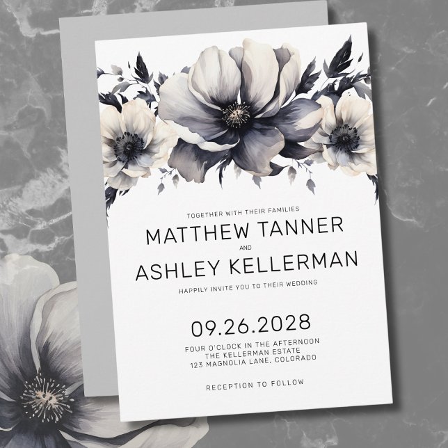 Convite Boho Preto Branco Moderno Floral Casamento (Unique Boho Black White Watercolor Floral Wedding Invitation)