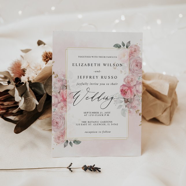 Convite Boho Primavera Blush Dourado Casamento Floral (Elegant Boho Spring Blush Gold Floral Wedding Invitation)