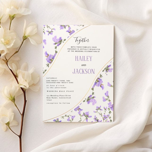 Convite Boho primavera lilac gold wildflower casamento flo (Boho spring lilac gold wildflower floral wedding )