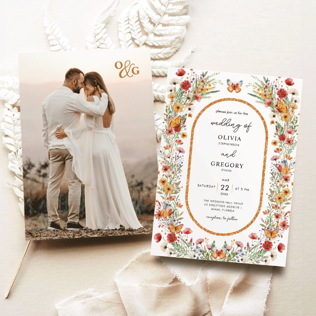 Convite Boho Primavera Watercolor Wildflower Casamento Fot (Boho Spring Watercolor Wildflowers Butterflies Monogram photo Wedding Invitation)