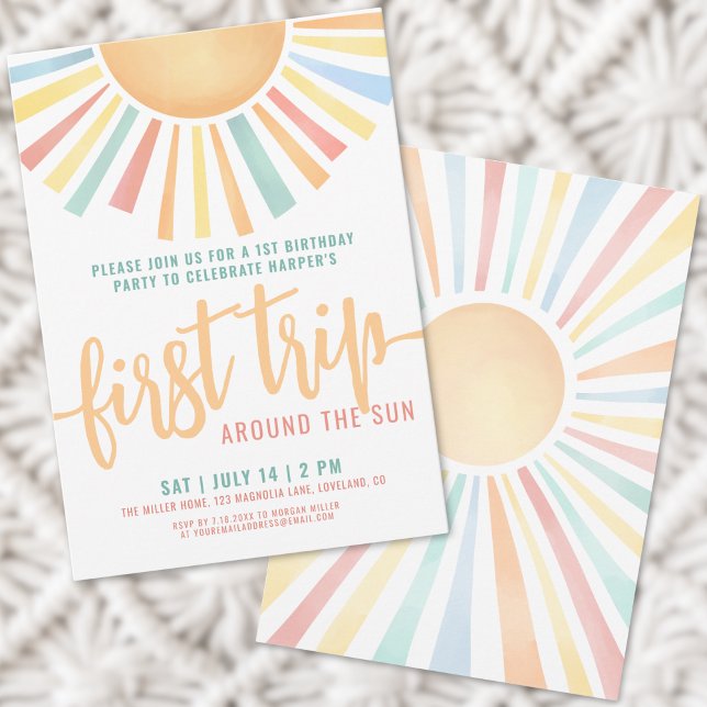 Convite Boho Primeira Viagem ao redor do Sol 1º Aniversári (First Trip Around The Sun 1st Birthday Invitation)