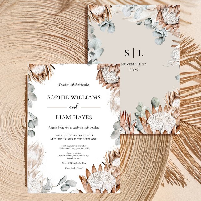 Convite Boho Protea Neutral Pampas Wedding (Criador carregado)
