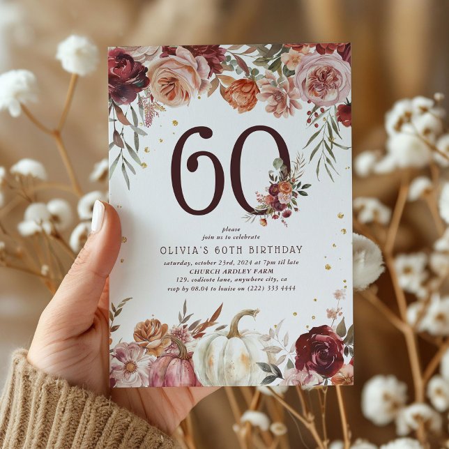 Convite Boho Pumpkin Outono Florido 60º Aniversário (Criador carregado)