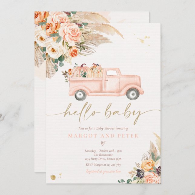 Convite Boho Pumpkin Pickup Truck Peach Girl Chá de fralda (Frente/Verso)