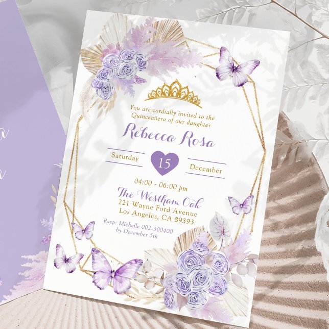 Convite Boho Purple Borboleta Geométrica Quinceañera (Criador carregado)