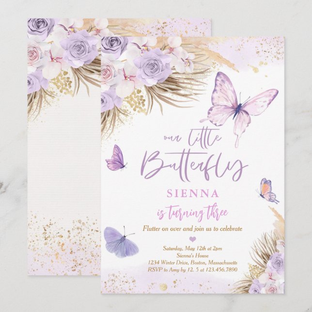 Convite Boho Purple Butterfly Festa de aniversário Grass (Frente/Verso)