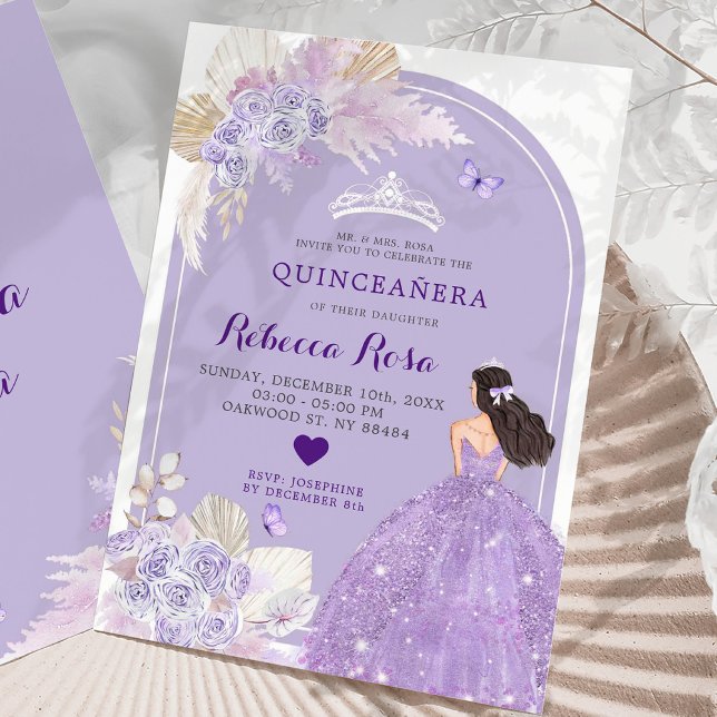 Convite Boho Purple Dress Princesa Floral Quinceañera (Criador carregado)
