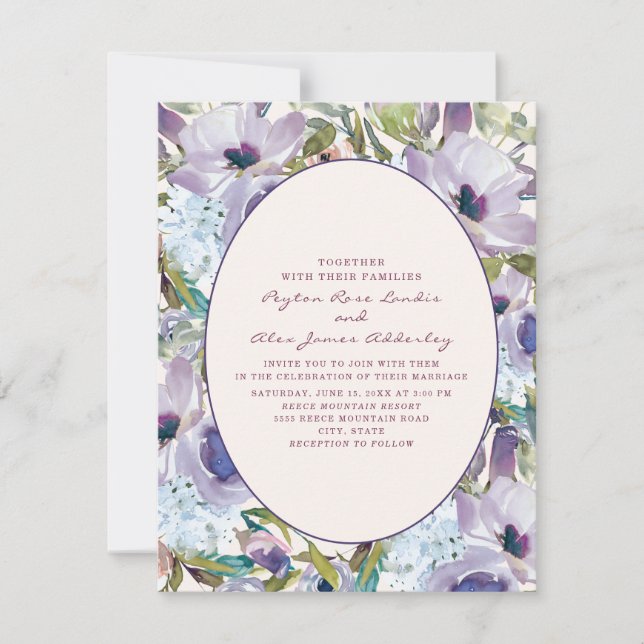 Convite Boho Purple Dusty Blue Watercolor Casamento Floral (Frente)