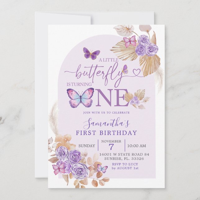 Convite Boho Purple Floral and Butterfly Arch Aniversário (Frente)