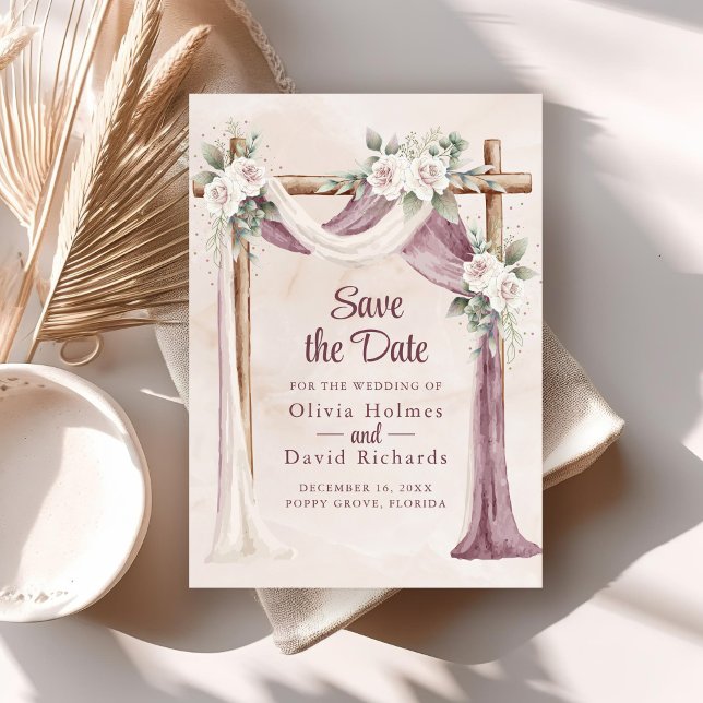 Convite Boho Purple Floral Cenopy Salve a placa de data (Boho Purple Pink Floral Cenopy Save the Date Card on boho wedding table.)