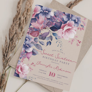 Convite Boho Purple Floral Sweet 16 Aniversário Champanhe