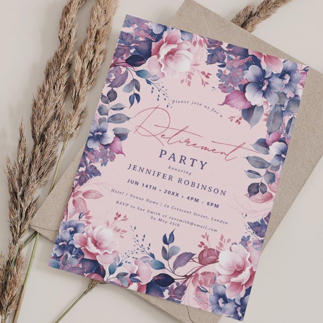 Convite Boho Purple Garden Floral Retirement Party Blush (Boho Purple Garden Floral Retirement Party Blush Invitation)