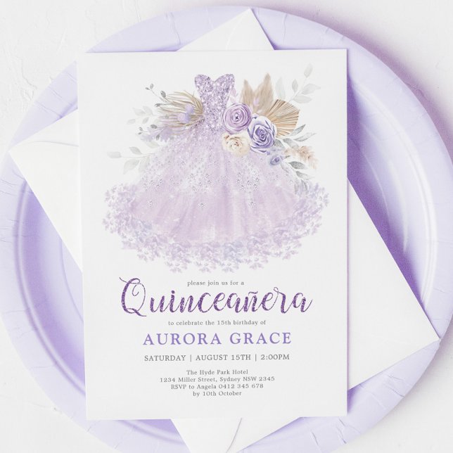 Convite Boho Purple Lilac Quinceañera Princesa Vestida (Criador carregado)