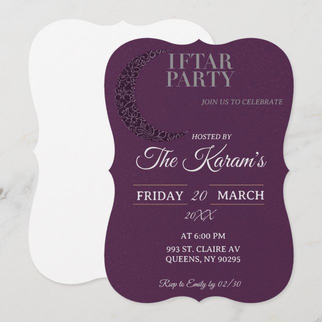 Convite Boho Purple Minimalist Mosque Ramadan Iftar Party  (Frente/Verso)