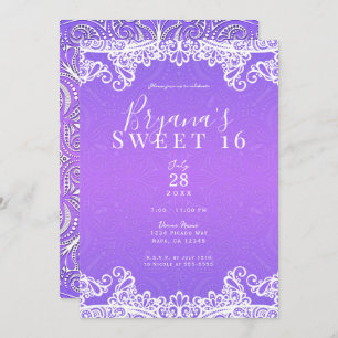 Convite Boho Purple Pink & White Lace Bold Sweet 16 Party