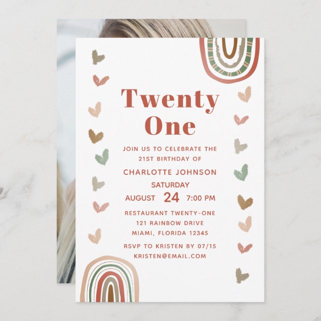 Convite Boho Purple Rainbow Modern aniversário de 21 anos (Frente/Verso)
