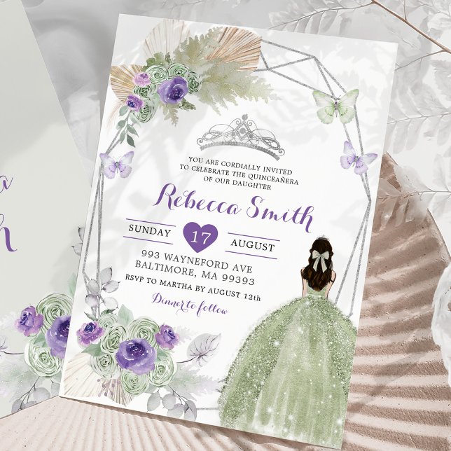 Convite Boho Purple Sage Green Quinceañera (Criador carregado)