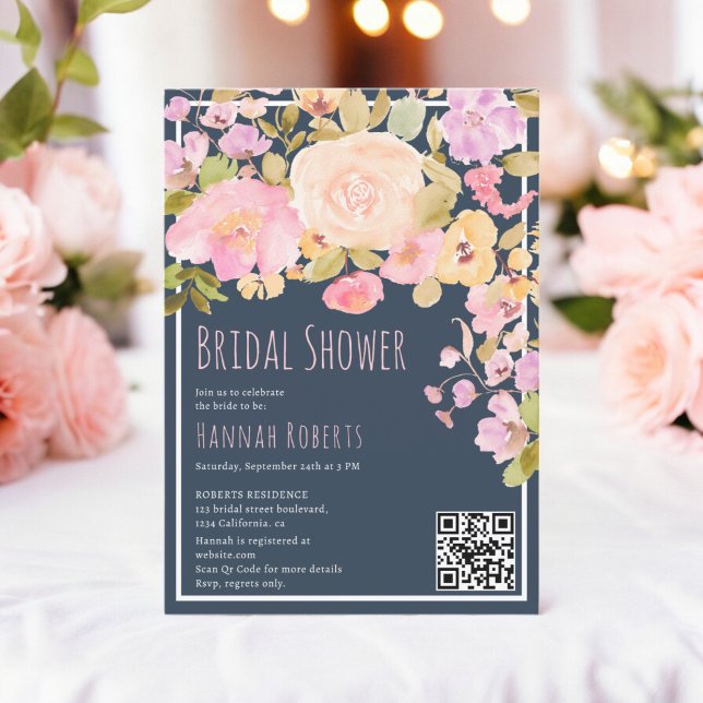 Convite Boho QR Pastel Pink Chá de panela Floral (Boho QR Pastel Pink peach Floral Bridal Shower Invitation on midnight blue)