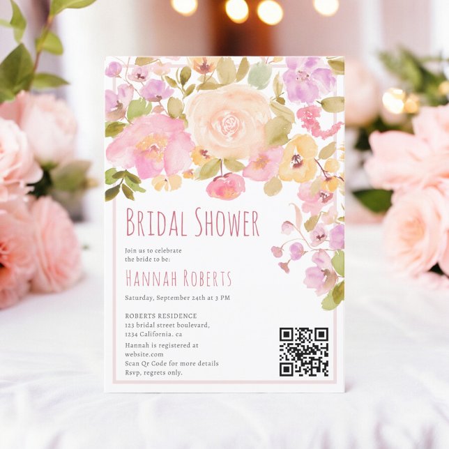 Convite Boho QR Pastel Pink Chá de panela Floral (Boho QR Pastel Pink peach Floral Bridal Shower Invitation on white)