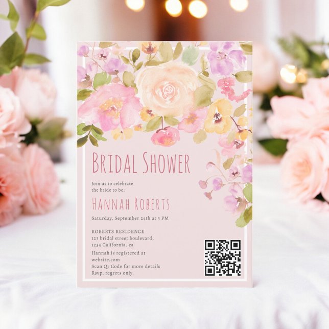 Convite Boho QR Pastel Pink Chá de panela Floral (Boho QR Pastel Pink peach Floral Bridal Shower Invitation on blush)