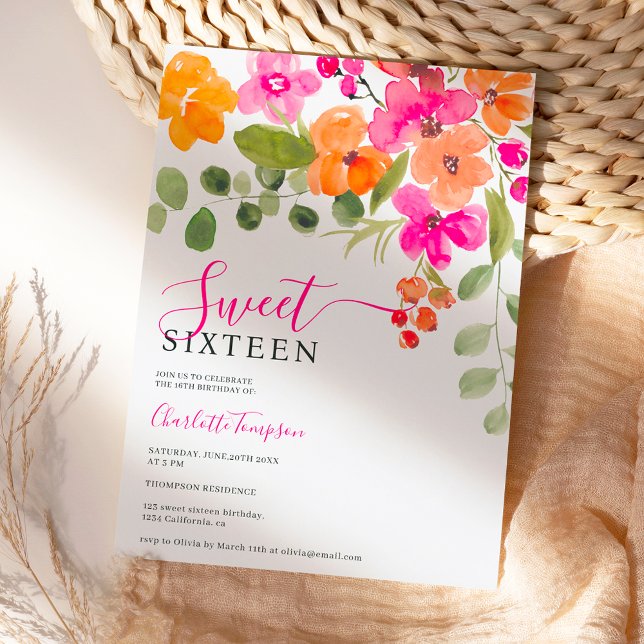 Convite Boho queda laranja cor de água floral Sweet 16 (Boho fall orange floral watercolor Sweet 16 Invitation)