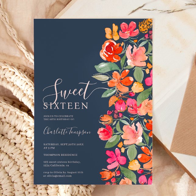 Convite Boho queimado orange ternura floral doce 16 (Boho burnt orange earth tone floral chic sweet 16 invitation on dark blue)