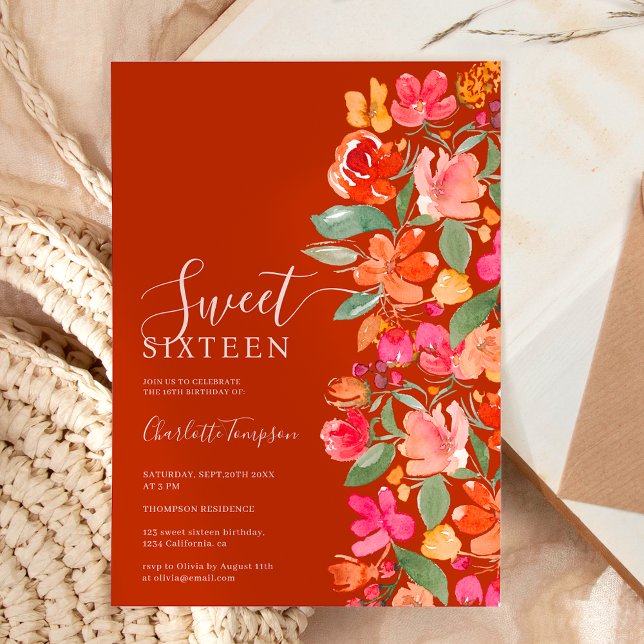 Convite Boho queimado orange ternura floral doce 16 (Boho burnt orange earth tone floral chic sweet 16 invitation on terracotta)