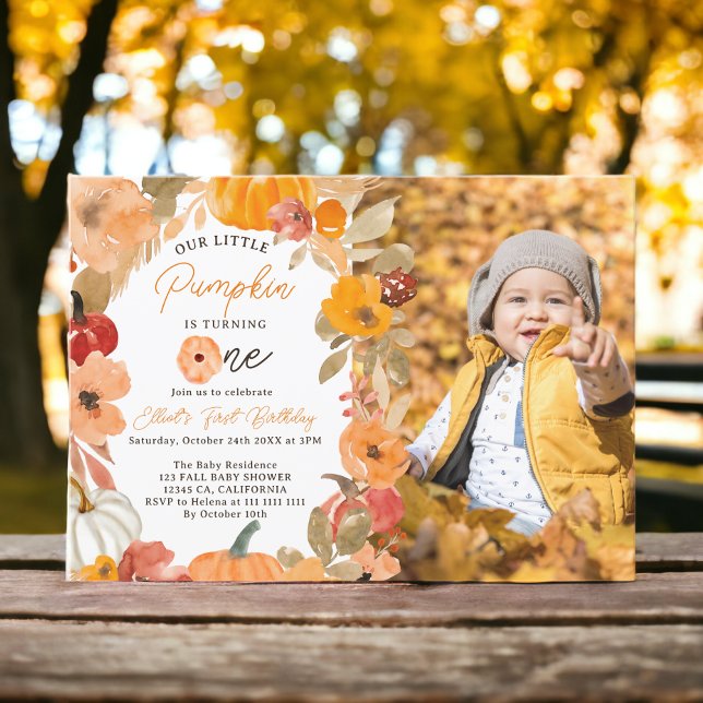 Convite Boho quente cai Pequeno Abóbora Primeiro Foto de A (Warm Boho fall Little Pumpkin First Birthday photo Invitation)
