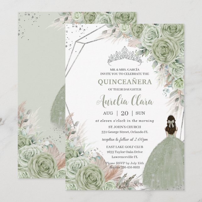 Convite Boho Quinceañera Sage Green Floral Pampas Grass (Frente/Verso)