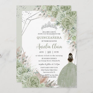 Convite Boho Quinceañera Sage Green Floral Pampas Grass