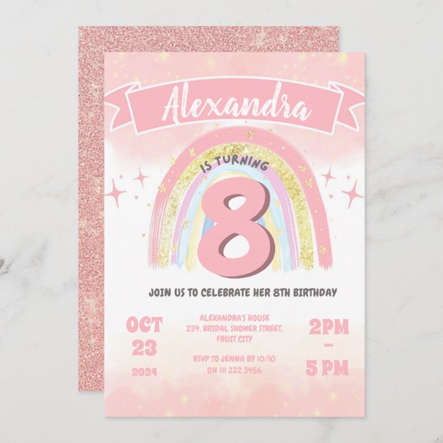 Convite Boho Rainbow 8th, qualquer garota de aniversário (Frente/Verso)