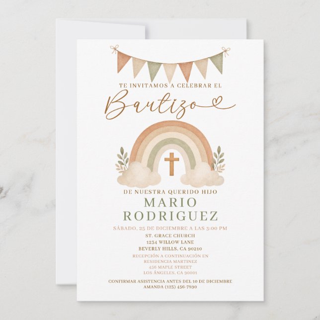 Convite Boho Rainbow Bautizo Invitation Spanish (Frente)