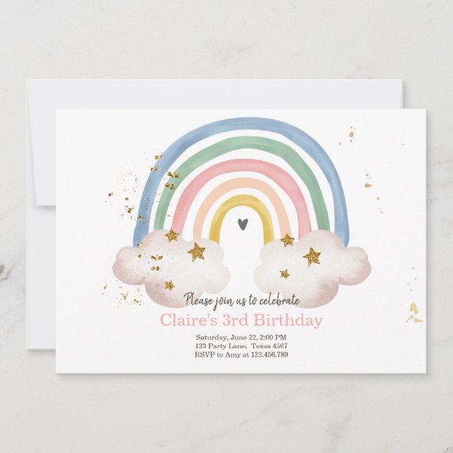 Convite Boho Rainbow Birthday Invent Girl Rustic (Frente)