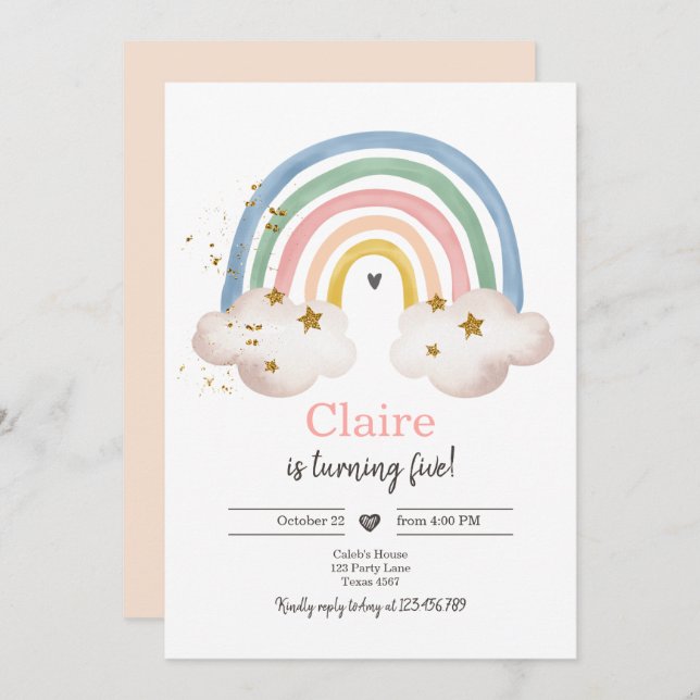 Convite Boho Rainbow Birthday Invent Girl Rustic (Frente/Verso)