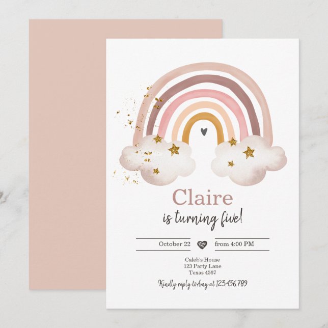 Convite Boho Rainbow Birthday Invent Girl Rustic (Frente/Verso)