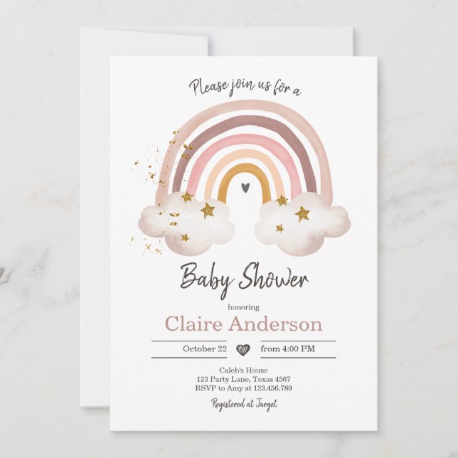 Convite Boho Rainbow Chá de fraldas Invitation Girl Rustic (Frente)