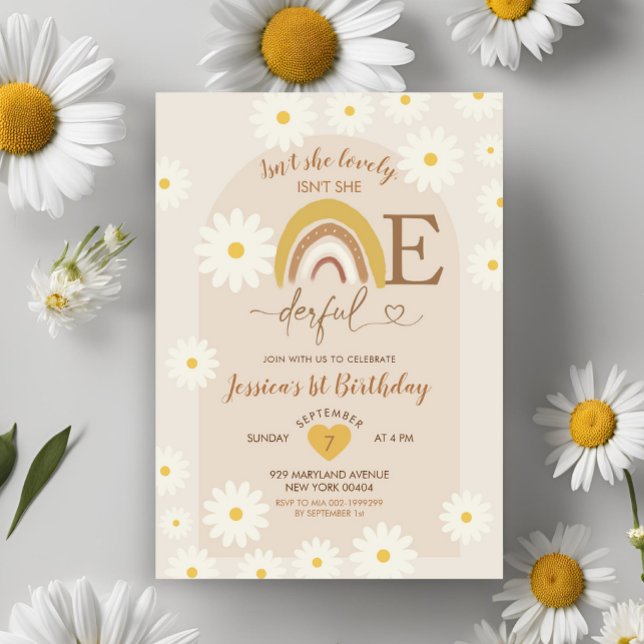 Convite Boho Rainbow Daisy Onewony Primeiro Aniversário (Criador carregado)