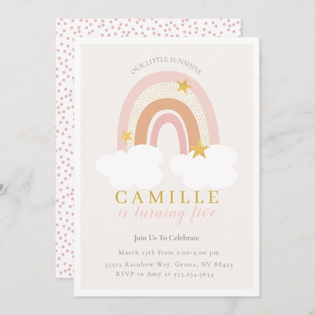 Convite Boho Rainbow First Birthday Invitation Girl, Mudad (Frente/Verso)