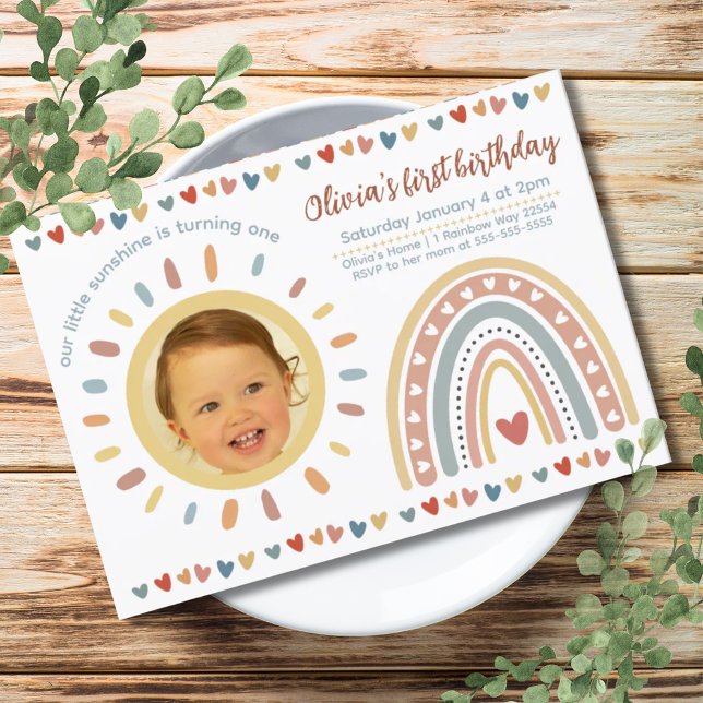 Convite Boho Rainbow | Foto de Aniversário Pequeno (Boho Rainbow | Little Sunshine Birthday Photo Invitation)