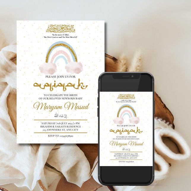 Convite Boho Rainbow Newborn Baby Girl Aqiqah Muslim (Criador carregado)
