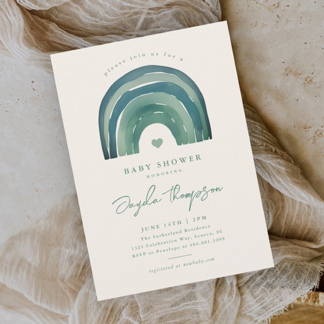 Convite Boho Rainbow Sage Chá de fraldas Verde (Boho rainbow sage green neutral baby shower invitation.)