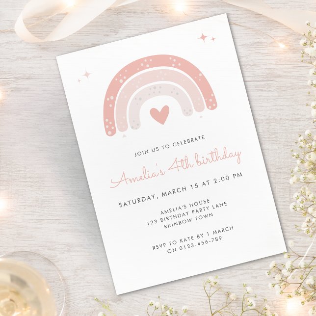Convite Boho Rainbow Watercolor Girl Pink Aniversário (Criador carregado)