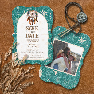 Convite Boho Ranch Wedding Turquoise Foto Salvar Data