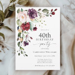 Convite Boho Red and Purple Floral aniversário de 40 anos<br><div class="desc">Celebrar um aniversário de 40 anos em estilo belo de boho com este atraente convite de aniversário floral de aquarela. Ele tem um adorável buquê floral na combinação de cor na moda de vermelho borrado, rosa pincelado, roxo de ameixa, e pêssego com verde folha espalhado por todo o lado. Faz...</div>