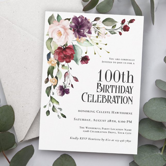 Convite Boho Red, Blush e Purple 100th Festa de aniversári (An elegant choice in invitations for celebrating a 100th Birthday in style!)
