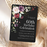 Convite Boho Red Blush e Purple Floral 60º Aniversário<br><div class="desc">Comemore um aniversário de 60 anos em lindos estilos de boho com este convite de aniversário floral de aquarela único em preto sofisticado. Ele tem um adorável buquê floral na combinação de cor na moda de vermelho burgundy, rosa-pinto-pincel, roxo de ameixa e pêssego com um verde sumptuoso espalhado por todo...</div>