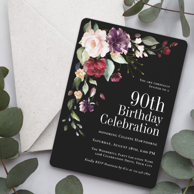 Convite Boho Red Blush e Purple Floral 90 Aniversário (Available as printed invitations or paperless digital download!)