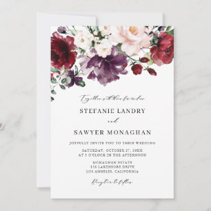 Convite Boho Red e Purple Watercolor Flowers Casamento