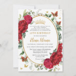 Convite Boho Red Peonies Borboletas Florais 18º Aniversári<br><div class="desc">Personalize este convite de 18 anos florais vermelho boho / Debutante Ball fácil e rapidamente. Basta clicar no botão personalizar para editar os textos, alterar as fontes e as cores das fontes. Apresentando belas cores aquáticas flores vermelhas de pénia, borboletas e um espaço oval cortado em ouro para colocar todos...</div>